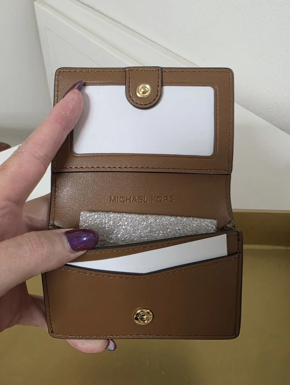 Michael Kors Brown Signature MK Compact Card Holder with Gold Logo